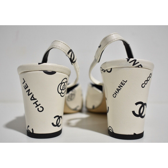 Chanel 23P Mademoiselle Coco Sling White Black CC Logo Slingback Sandal Heel 39 - Picture 11 of 12